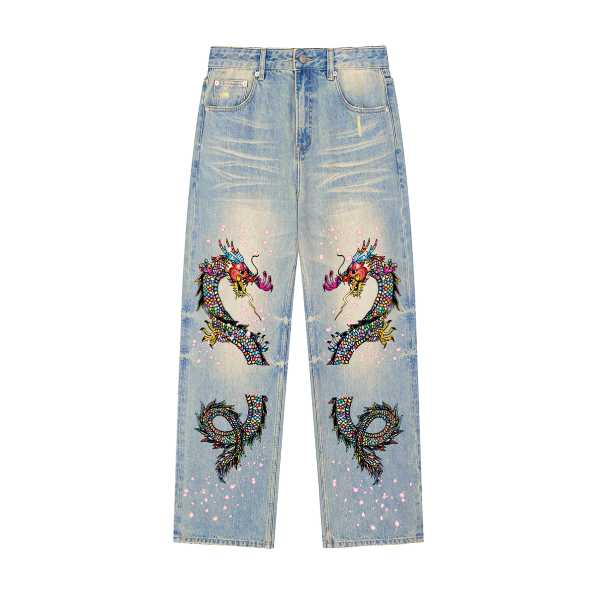 Denim Jeans Featuring a Raw Hem and Colorful Dragon Art with a Faded Sun Effect ODMPOD