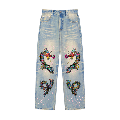 Denim Jeans Featuring a Raw Hem and Colorful Dragon Art with a Faded Sun Effect ODMPOD