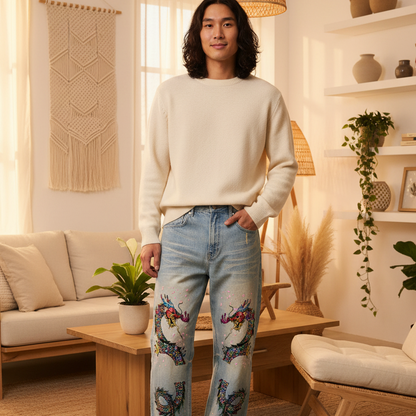 Colorful Unisex Dragon Art Graphic Sun Fade Raw Hem Denim Jeans