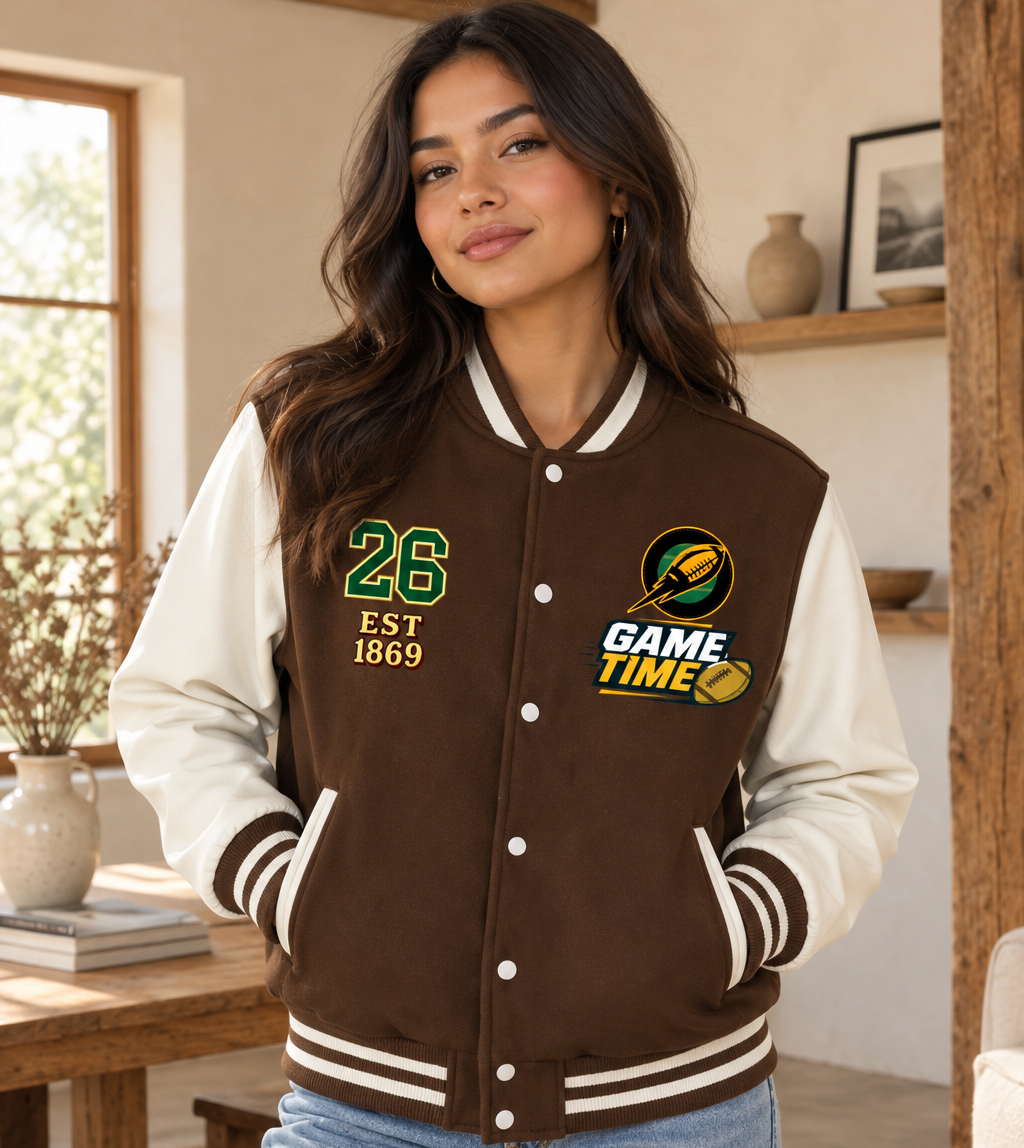 Graphic Unisex Football Themed Two-Tone Fleeced Varsity Jacket