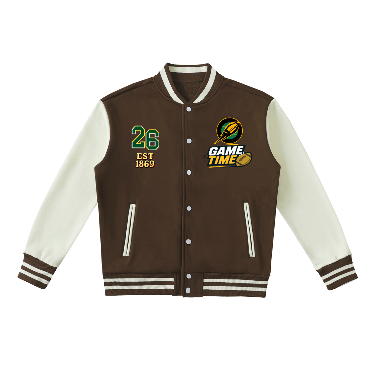 Graphic Unisex Football Themed Two-Tone Fleeced Varsity Jacket