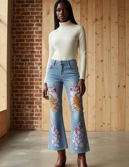 Floral and Tiger Art Graphic Women's Vintage Wash Flared Leg Jeans