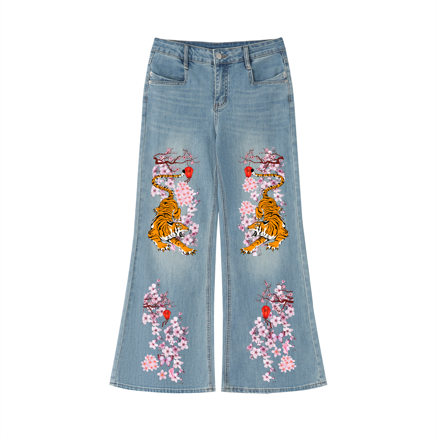 Floral and Tiger Art Graphic Women's Vintage Wash Flared Leg Jeans