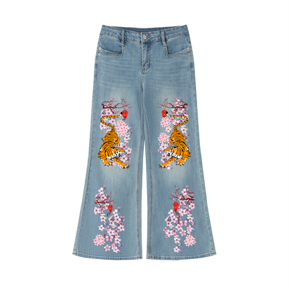Floral and Tiger Art Graphic Women's Vintage Wash Flared Leg Jeans