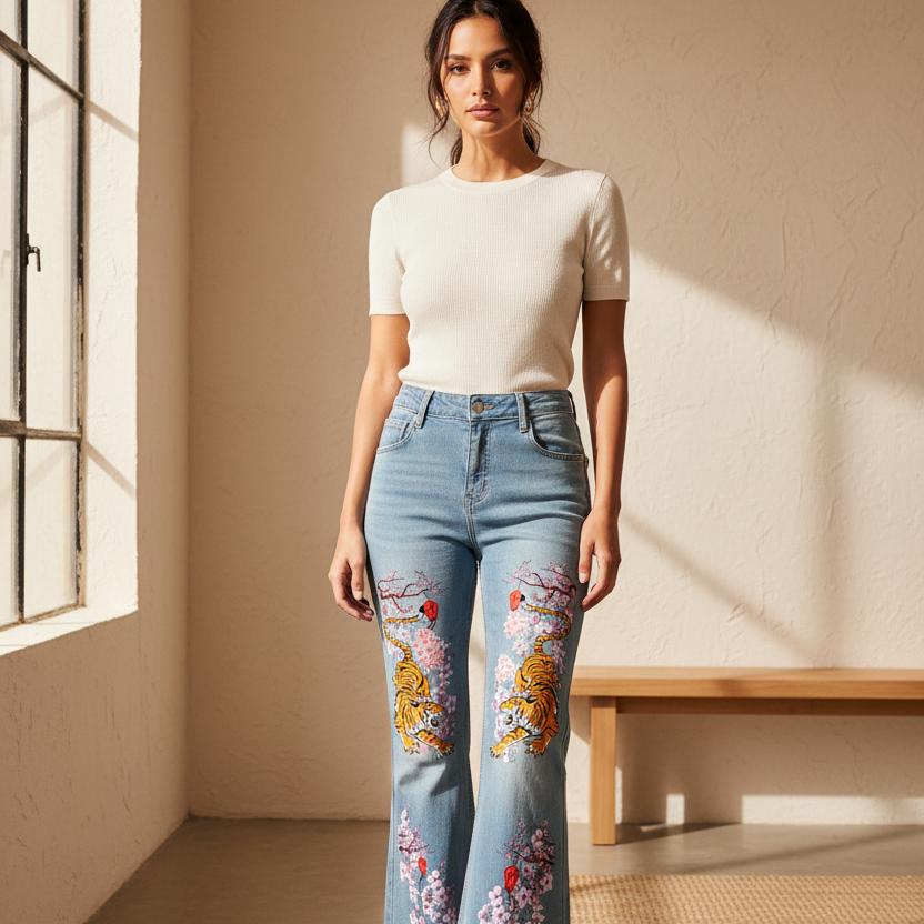 Floral and Tiger Art Graphic Women's Vintage Wash Flared Leg Jeans