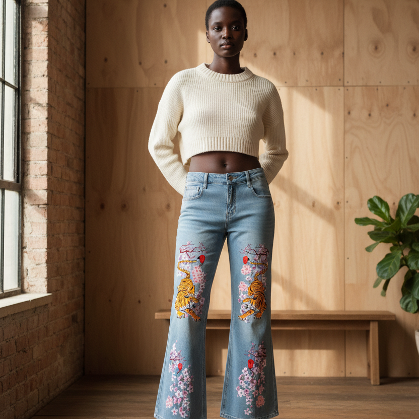 Floral and Tiger Art Graphic Women's Vintage Wash Flared Leg Jeans