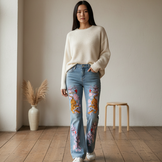 Floral and Tiger Art Graphic Women's Vintage Wash Flared Leg Jeans