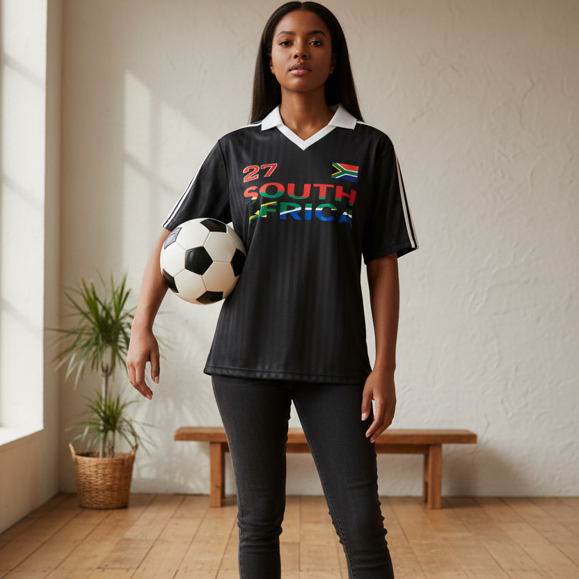 South African Flag Themed Graphic Collar Striped Soccer Jersey