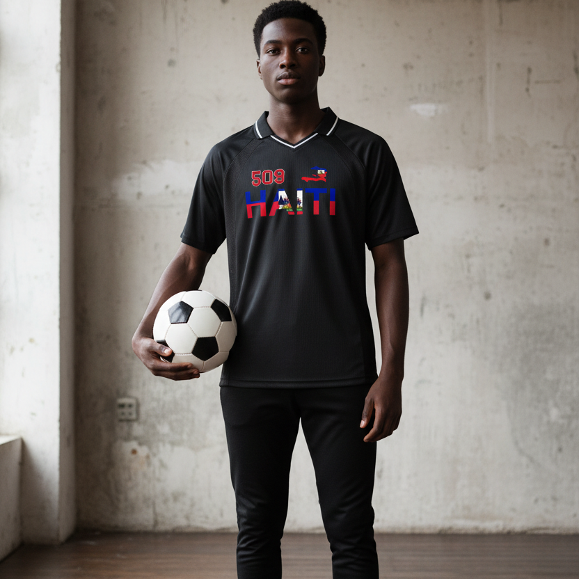 Unisex V-Neck Soccer Jersey Featuring Haiti-Inspired Flag Stripes