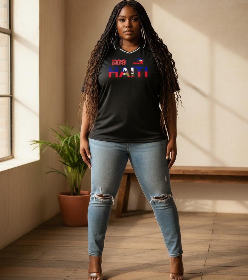 Unisex V-Neck Soccer Jersey Featuring Haiti-Inspired Flag Stripes