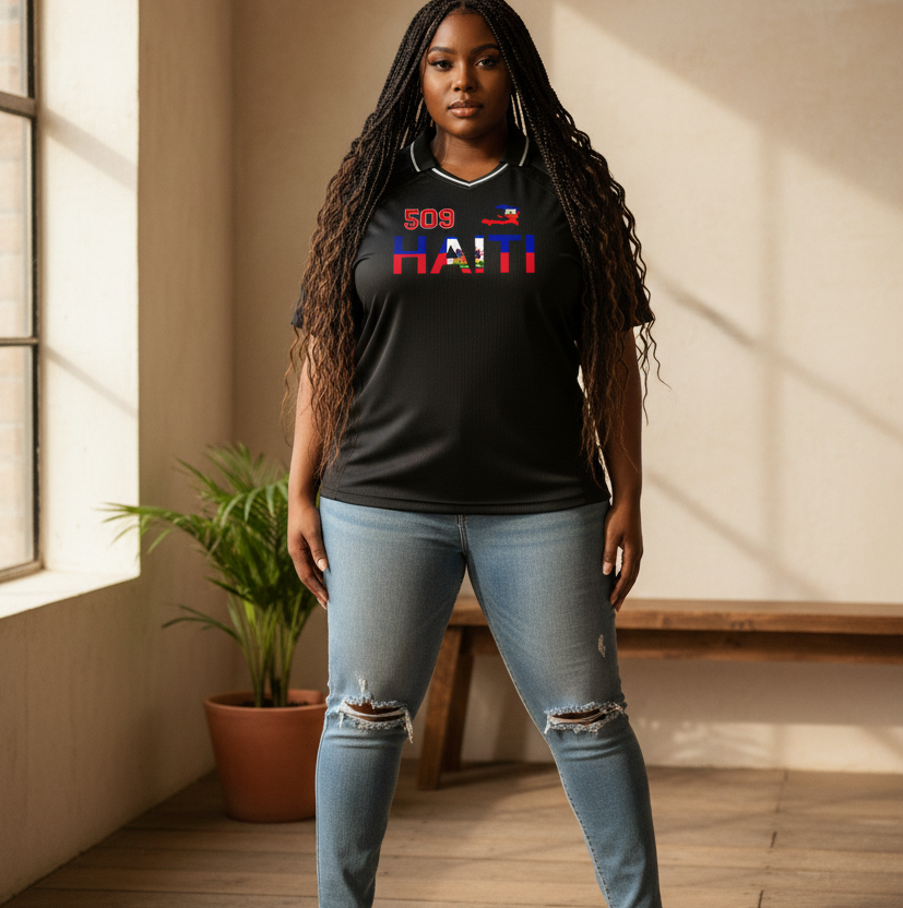 Unisex V-Neck Soccer Jersey Featuring Haiti-Inspired Flag Stripes
