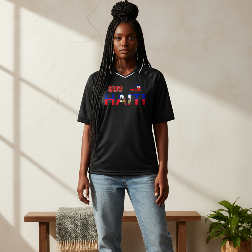 Unisex V-Neck Soccer Jersey Featuring Haiti-Inspired Flag Stripes