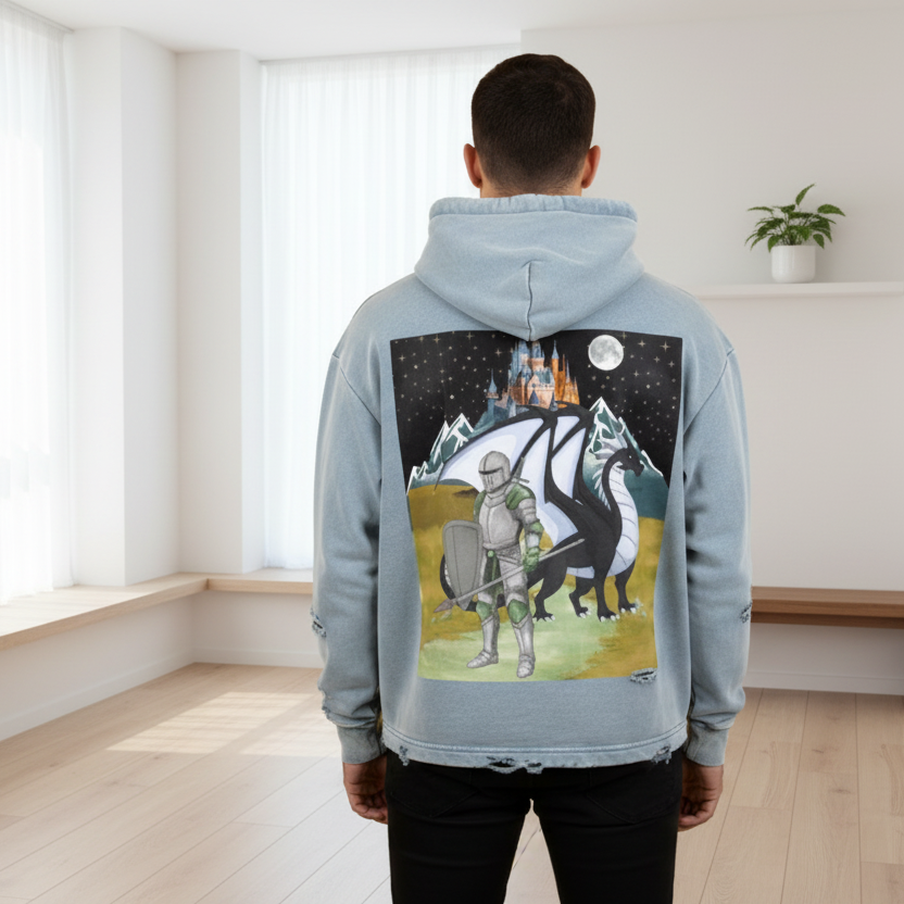 Medieval Dragon Themed Graphic Vintage Washed Frayed-Hem Hoodie