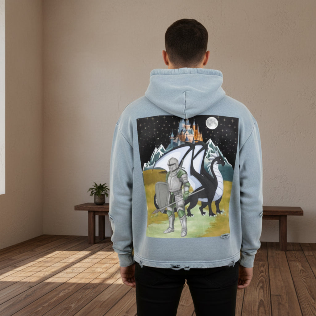 Medieval Dragon Themed Graphic Vintage Washed Frayed-Hem Hoodie ODMPOD