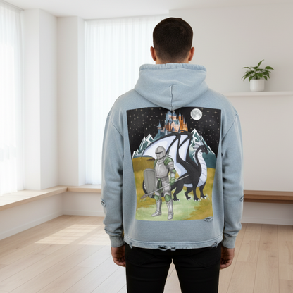 Medieval Dragon Themed Graphic Vintage Washed Frayed-Hem Hoodie