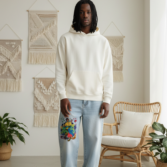 Men's Vintage Wash Sunfade Barrel Leg Jeans Featuring B-Boy Graffiti Graphics ODMPOD