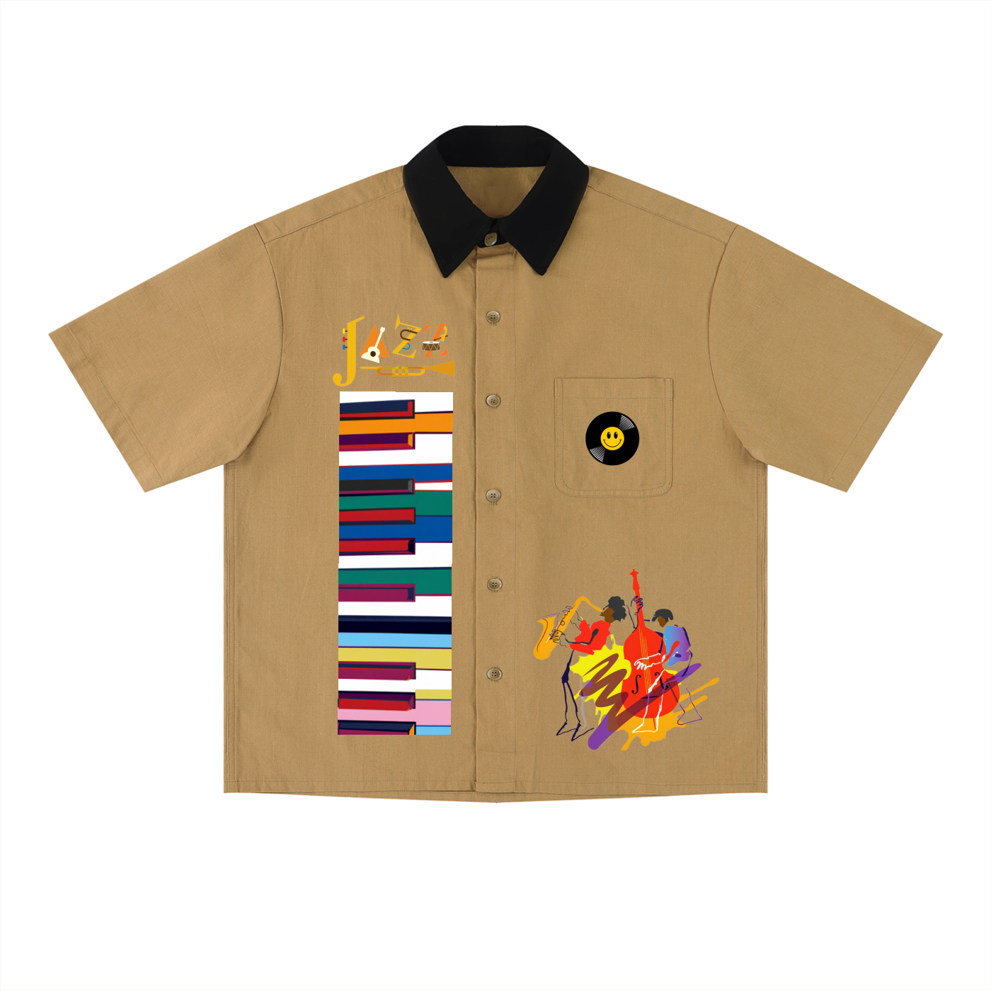 Colorful Piano Keys and Jazz Music Themed Unisex Color Block Short Sleeve Shirt