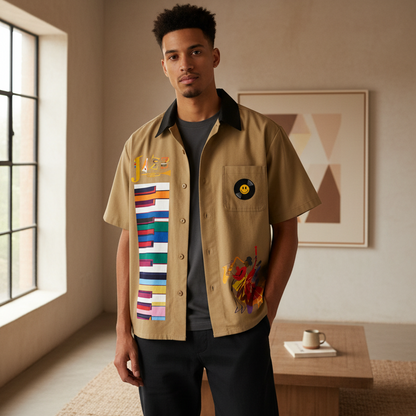 Colorful Piano Keys and Jazz Music Themed Unisex Color Block Short Sleeve Shirt