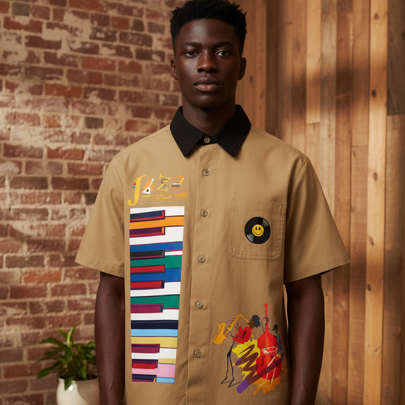 Colorful Piano Keys and Jazz Music Themed Unisex Color Block Short Sleeve Shirt