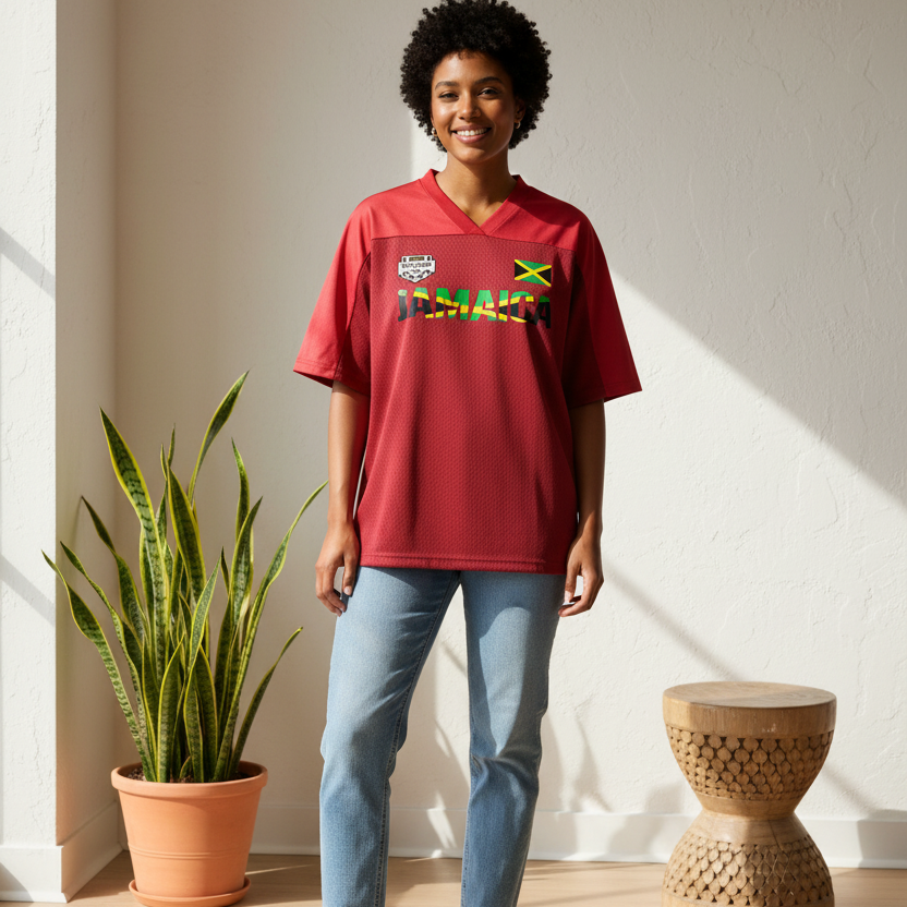 Jamaican Flag Themed Graphic Mesh V-Neck Soccer Jersey