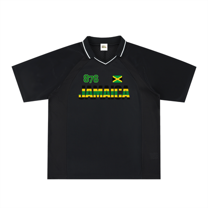 Jamaican Pride, Flag Themed Graphic V-Neck Collared  Unisex Soccer Jersey