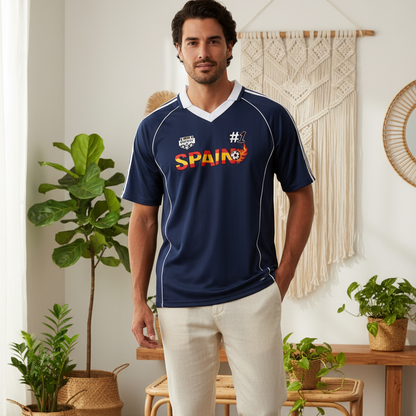 Spain Flag Themed Graphic Stripe Collared Soccer Jersey