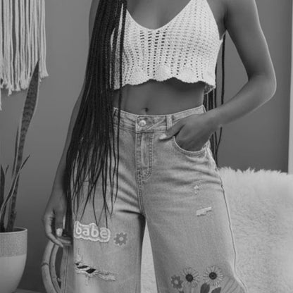 Colorful Afro Art  Themed Graphic Women's Vintage Wash Distressed Wide Leg Jeans
