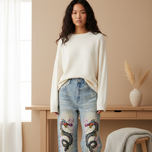 Unisex Dragon-Graphic Denim Jeans Featuring a Sun-Fade Effect and Raw Hem Detail ODMPOD