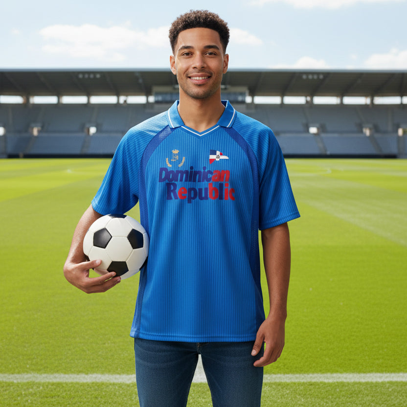 Dominican Republic Flag Themed Graphic Striped V-Neck Soccer Unisex Jersey