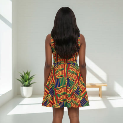 Kente Print Skater Dress – Vibrant African-Inspired AOP Sundress