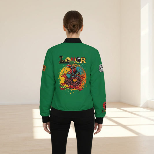 Dragon Graphic Women's Bomber Jacket, Mythical All Over Design, Zip Up Outerwear