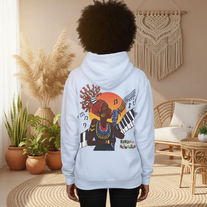 Afrocentric Jazz Music Lightweight Hooded Sweatshirt, Piano Art Graphic, Music Lover Gift