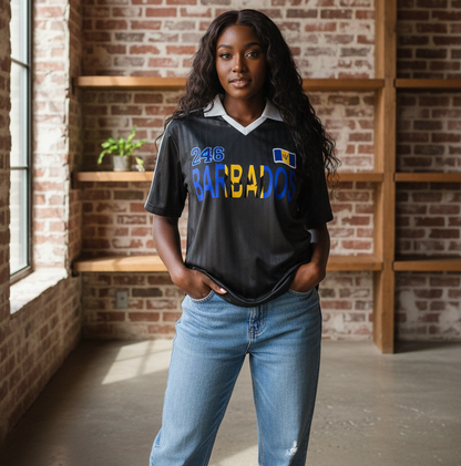 Barbados Flag Themed Contrast Collar Striped Unisex Soccer Jersey