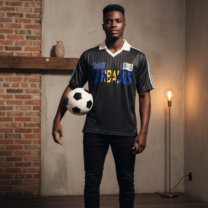 Barbados Flag Themed Contrast Collar Striped Unisex Soccer Jersey