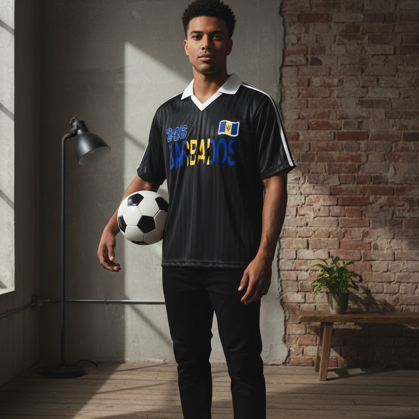 Barbados Flag Themed Contrast Collar Striped Unisex Soccer Jersey