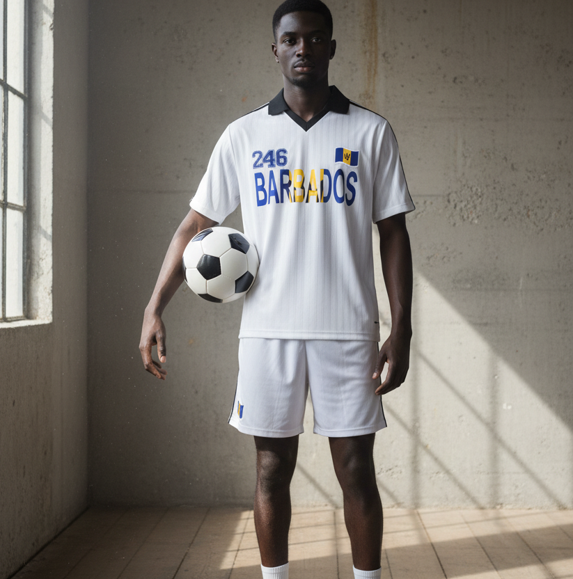 Barbados Flag Themed Contrast Collar Striped Unisex Soccer Jersey