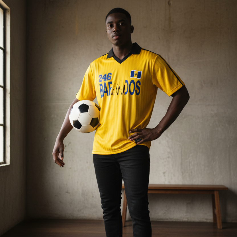 Barbados Flag Themed Contrast Collar Striped Unisex Soccer Jersey
