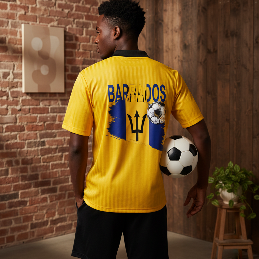 Barbados Flag Themed Contrast Collar Striped Unisex Soccer Jersey