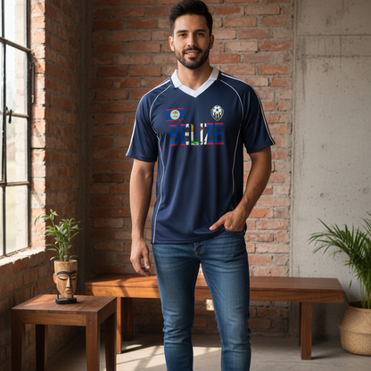 Belize Flag Themed Shadow Stripe Collared Soccer Graphic Unisex Jersey