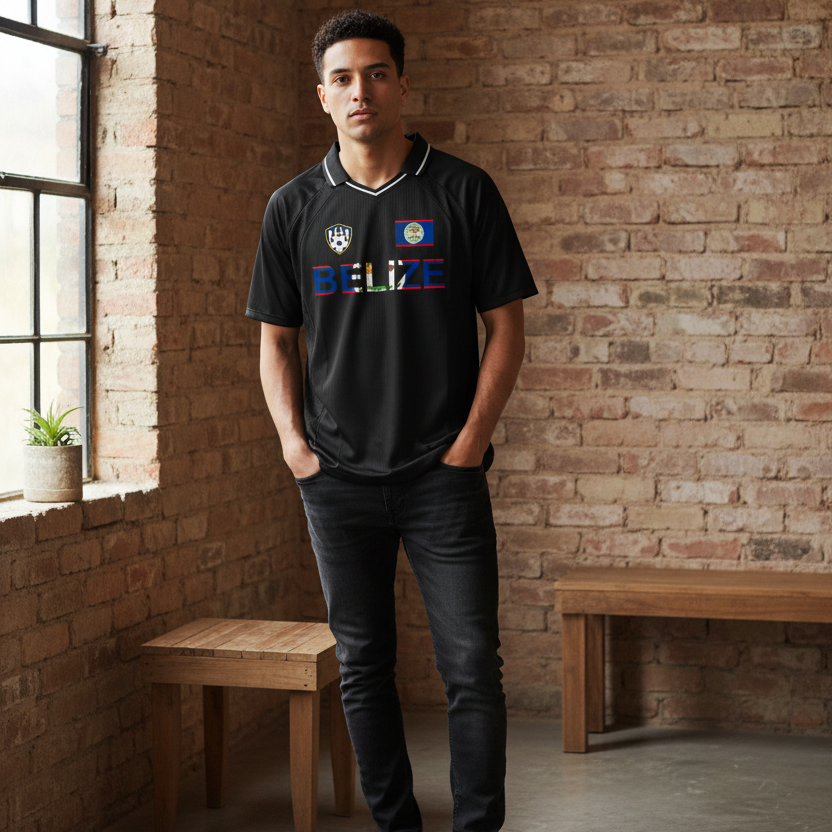 Belize Flag Themed Graphic Unisex Striped V-Neck Soccer Jersey