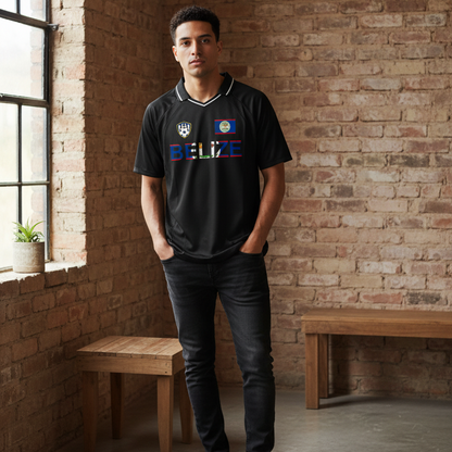 Belize Flag Themed Graphic Unisex Striped V-Neck Soccer Jersey