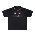 Belize Flag Themed Graphic Unisex Striped V-Neck Soccer Jersey