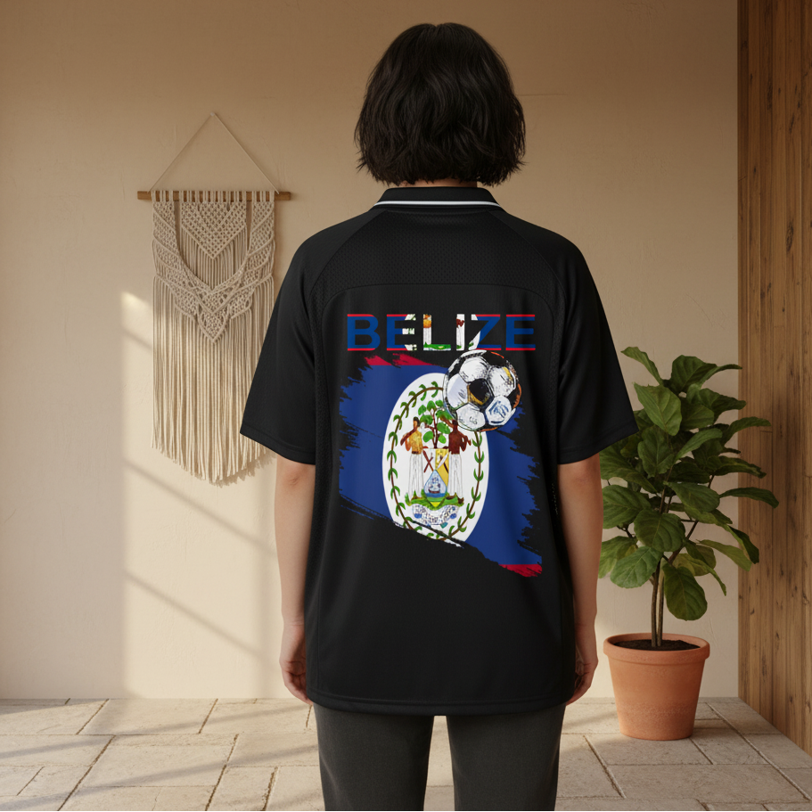 Belize Flag Themed Graphic Unisex Striped V-Neck Soccer Jersey