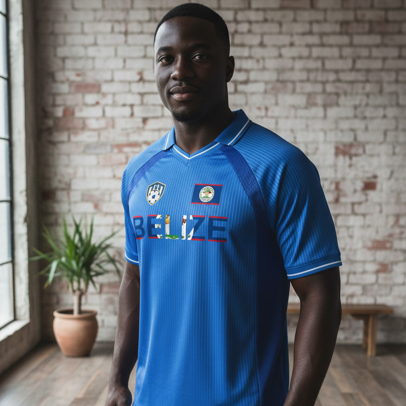 Belize Flag Themed Graphic Unisex Striped V-Neck Soccer Jersey