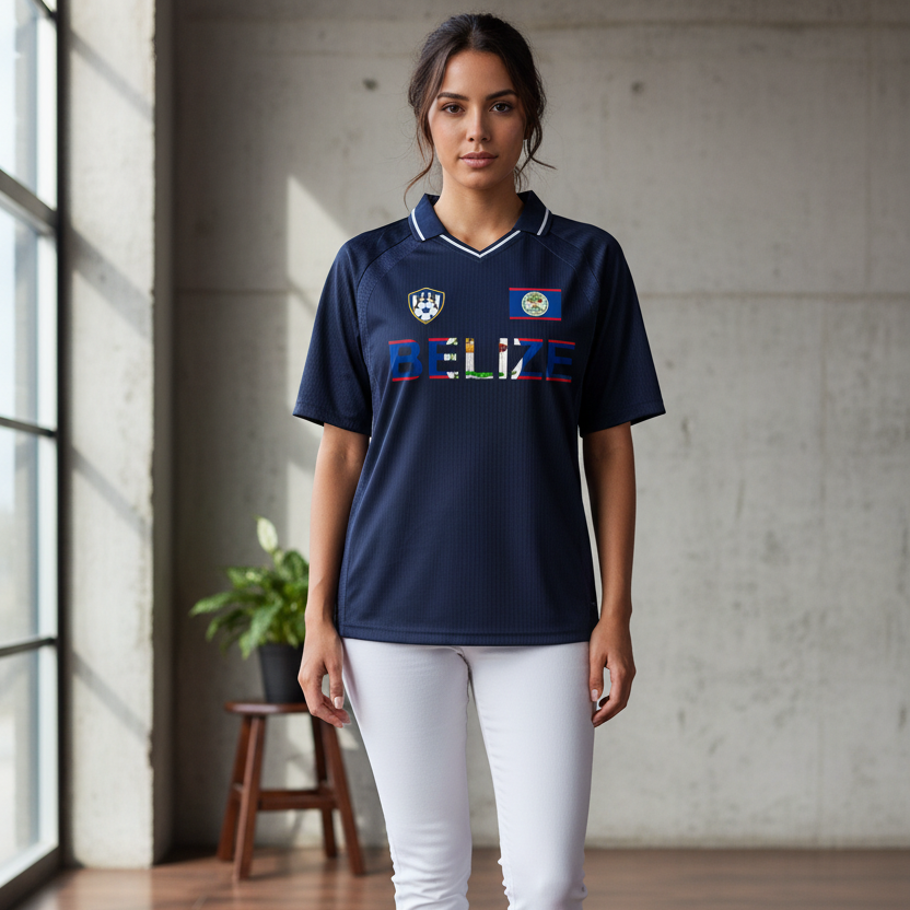 Belize Flag Themed Graphic Unisex Striped V-Neck Soccer Jersey