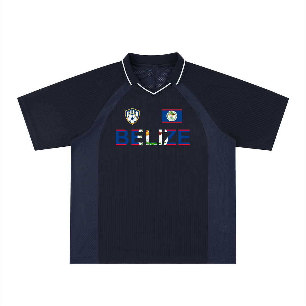 Belize Flag Themed Graphic Unisex Striped V-Neck Soccer Jersey