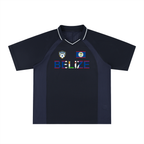 Belize Flag Themed Graphic Unisex Striped V-Neck Soccer Jersey