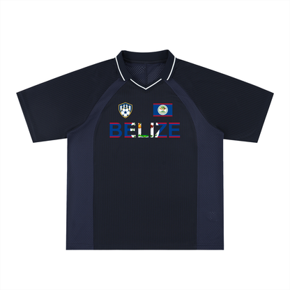 Belize Flag Themed Graphic Unisex Striped V-Neck Soccer Jersey