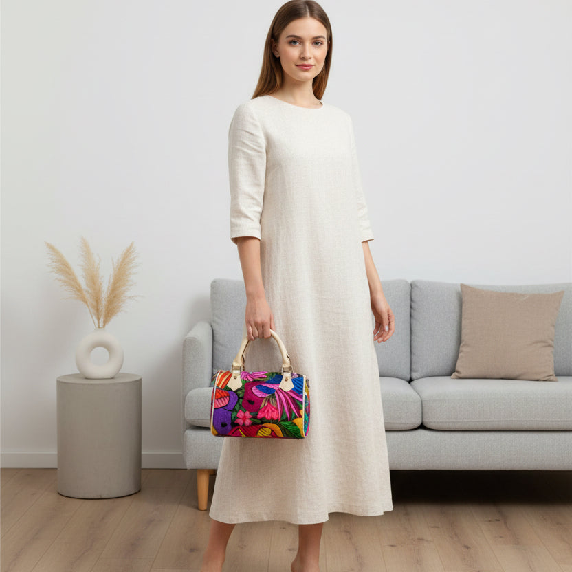 All Over Colorful Botanical and Ornithology Themed Classic Barrel-Shaped PU Leather Handbag