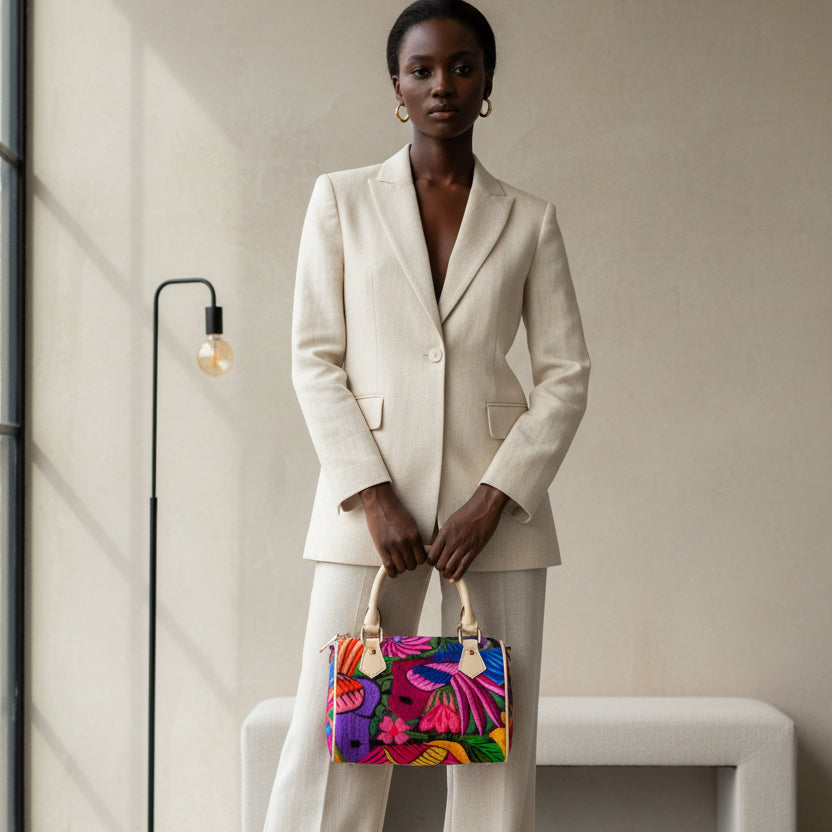 All Over Colorful Botanical and Ornithology Themed Classic Barrel-Shaped PU Leather Handbag